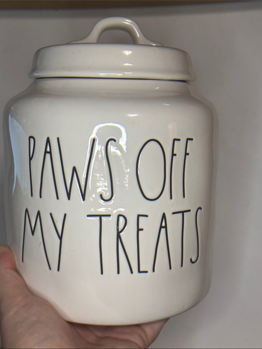 “paws off my treats” large ceramic Rae Dunn canister 6x6”